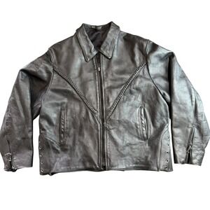 Vintage Black Leather Biker‎ Jacket Braid Detail Womens XL Missing Liner